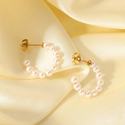 Fashion Simple Pearl C-shaped Titanium Steel Hoop Earrings