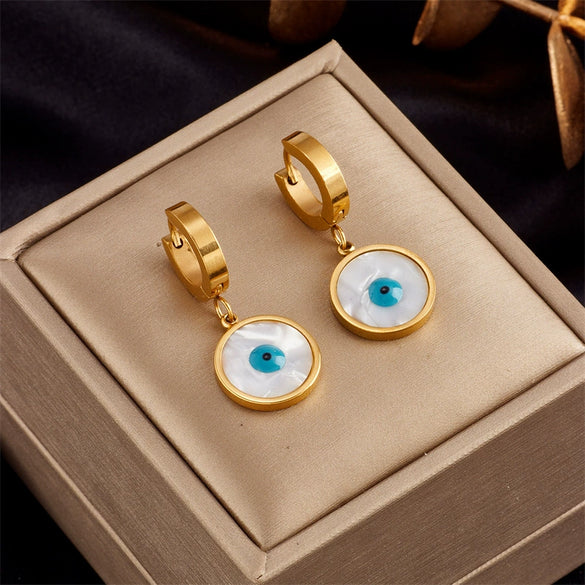 Fashion Simple Retro Metal Geometric Blue Eyes Shell Round Pendant Earrings Titanium Steel Electroplating For Women