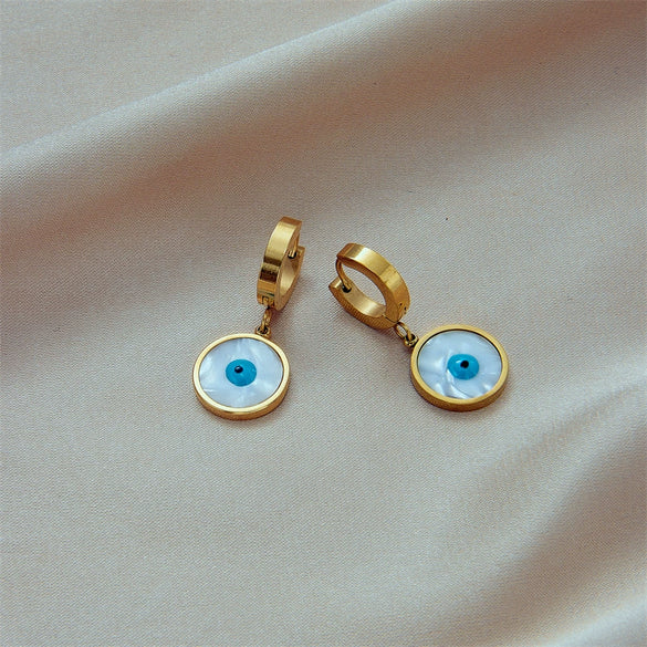 Fashion Simple Retro Metal Geometric Blue Eyes Shell Round Pendant Earrings Titanium Steel Electroplating For Women