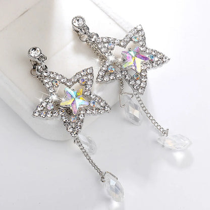 Fashion Simple Shining Rhinestone Crystal Water Drop Tassel Star Stud Earrings