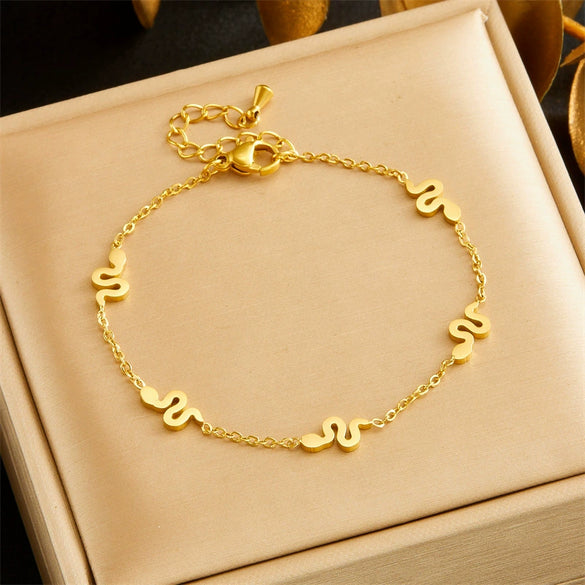 Fashion Simple Smooth Gold Plated Stainless Steel Snake Constellation Zodiac Accessories Pendant Chain Necklace Earring Bracelet For Women