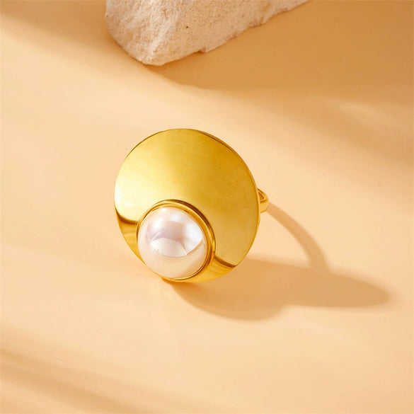 Fashion Simple Smooth Round Pearl Stainless Steel Goldplated Opening Ring Earrings And Necklaces Set