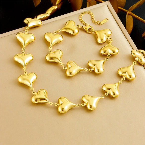 Fashion Simple Smooth Stainless Steel Love Connection Accessories Chain Necklace Bracelet Suit With Love Water Drops Bells Pattern Electroplated