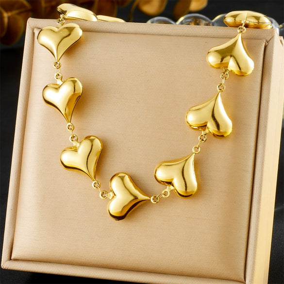 Fashion Simple Smooth Stainless Steel Love Connection Accessories Chain Necklace Bracelet Suit With Love Water Drops Bells Pattern Electroplated