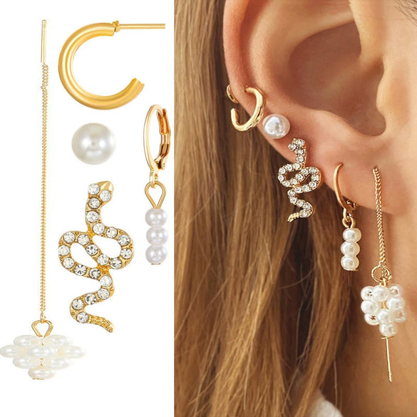Fashion Simple Snake Leaf Alloy Fivepiece Set Ear Clip No Ear Holes Earrings Electroplated For Women With Animal Zodiac Geometry Style