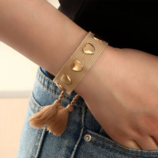 Fashion Simple Solid Color Woven Ribbon Heart-Shaped Metal Bracelet