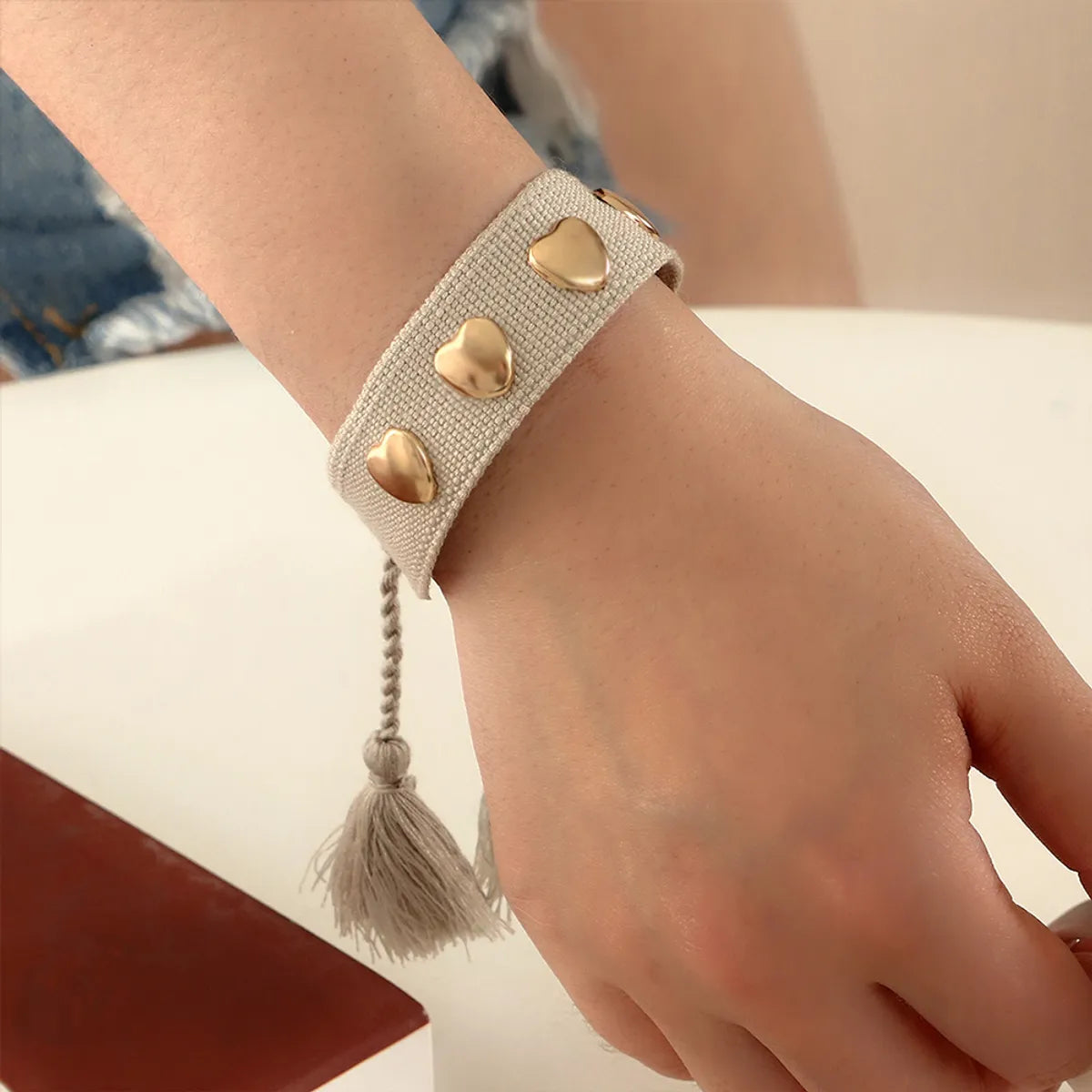 Fashion Simple Solid Color Woven Ribbon Heart-Shaped Metal Bracelet