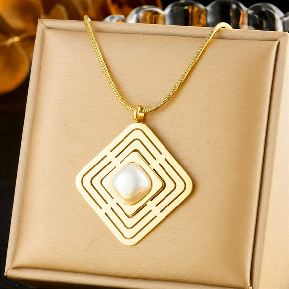Fashion Simple Square Geometric Hollow Inlaid Pearl Pendant Accessories Ring Earrings Necklace Stainless Steel Electroplated
