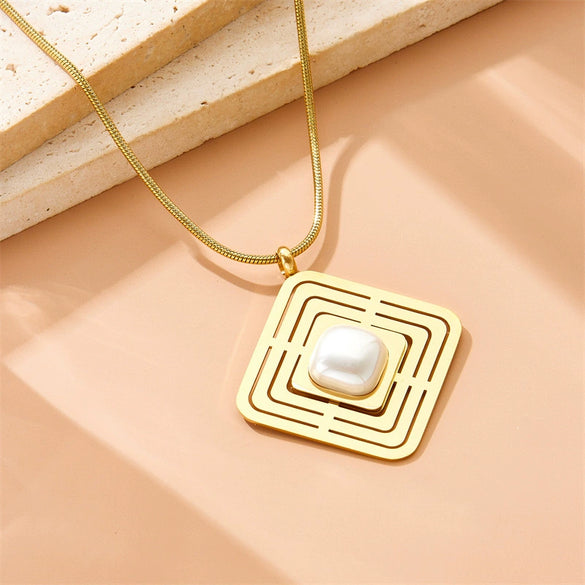 Fashion Simple Square Geometric Hollow Inlaid Pearl Pendant Accessories Ring Earrings Necklace Stainless Steel Electroplated