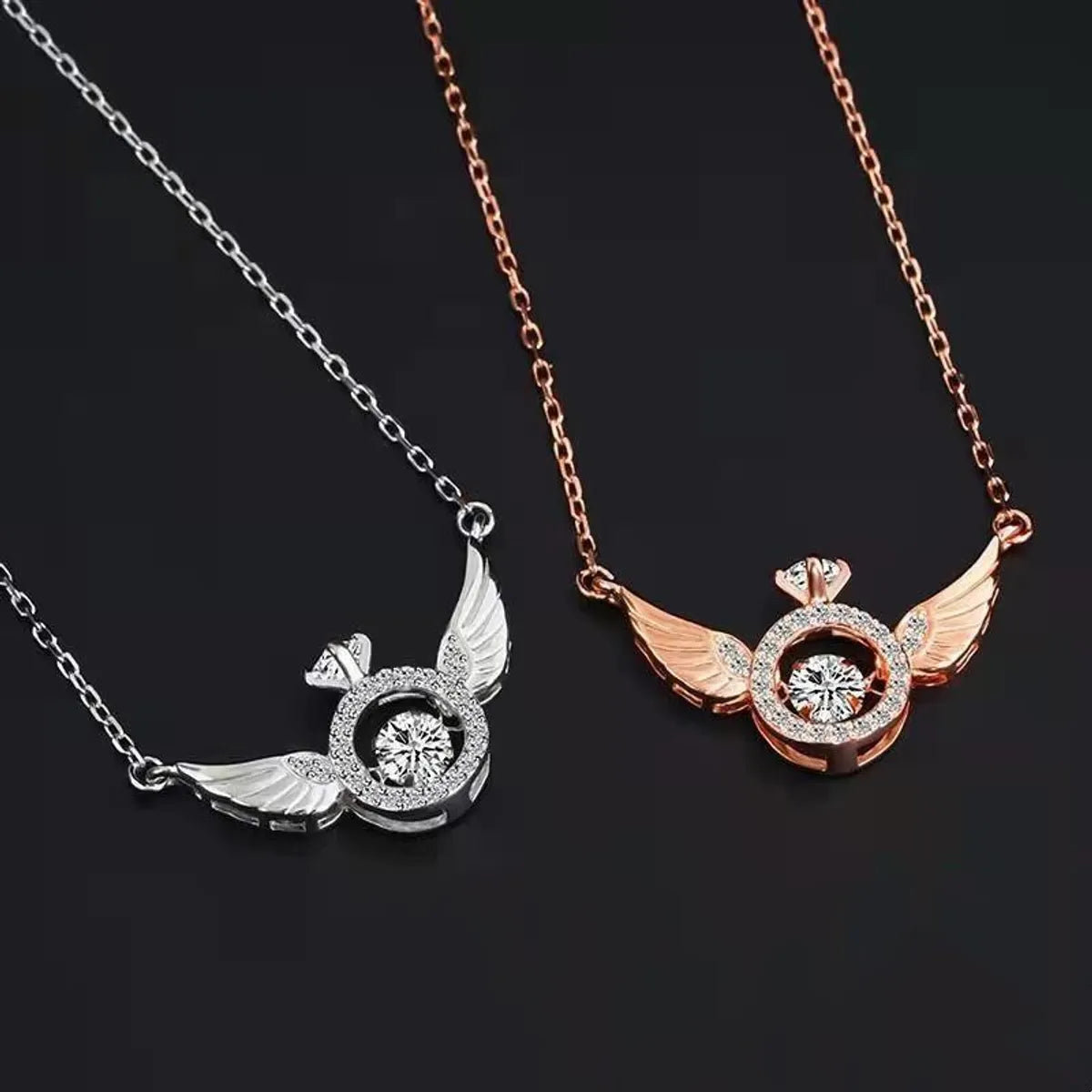 Fashion Simple Style Angel Wings Copper Inlay Zircon Pendant Necklace