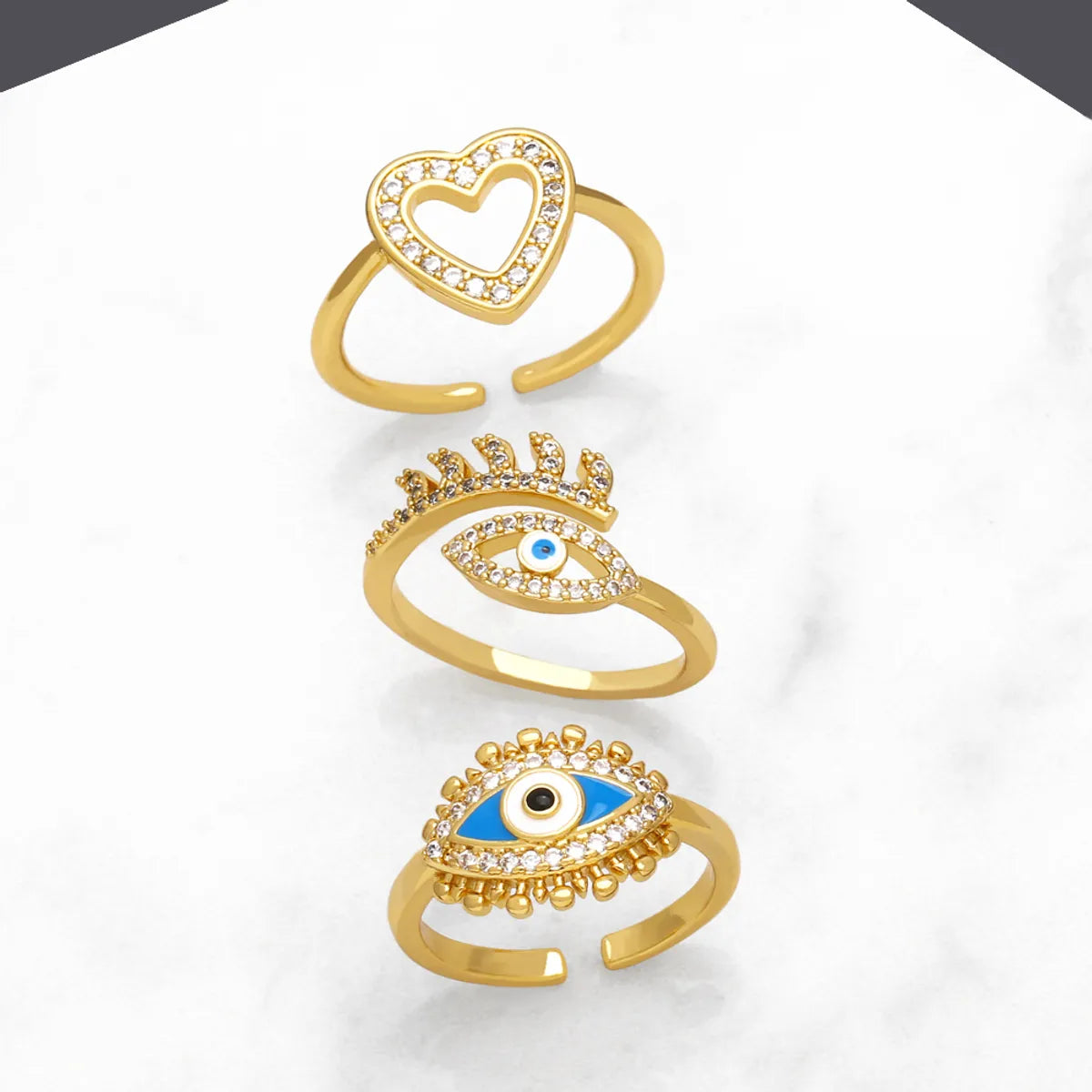 Fashion Simple Style Devil's Eye Heart Shape Copper Plating Inlay Zircon 18k Gold Plated Open Rings