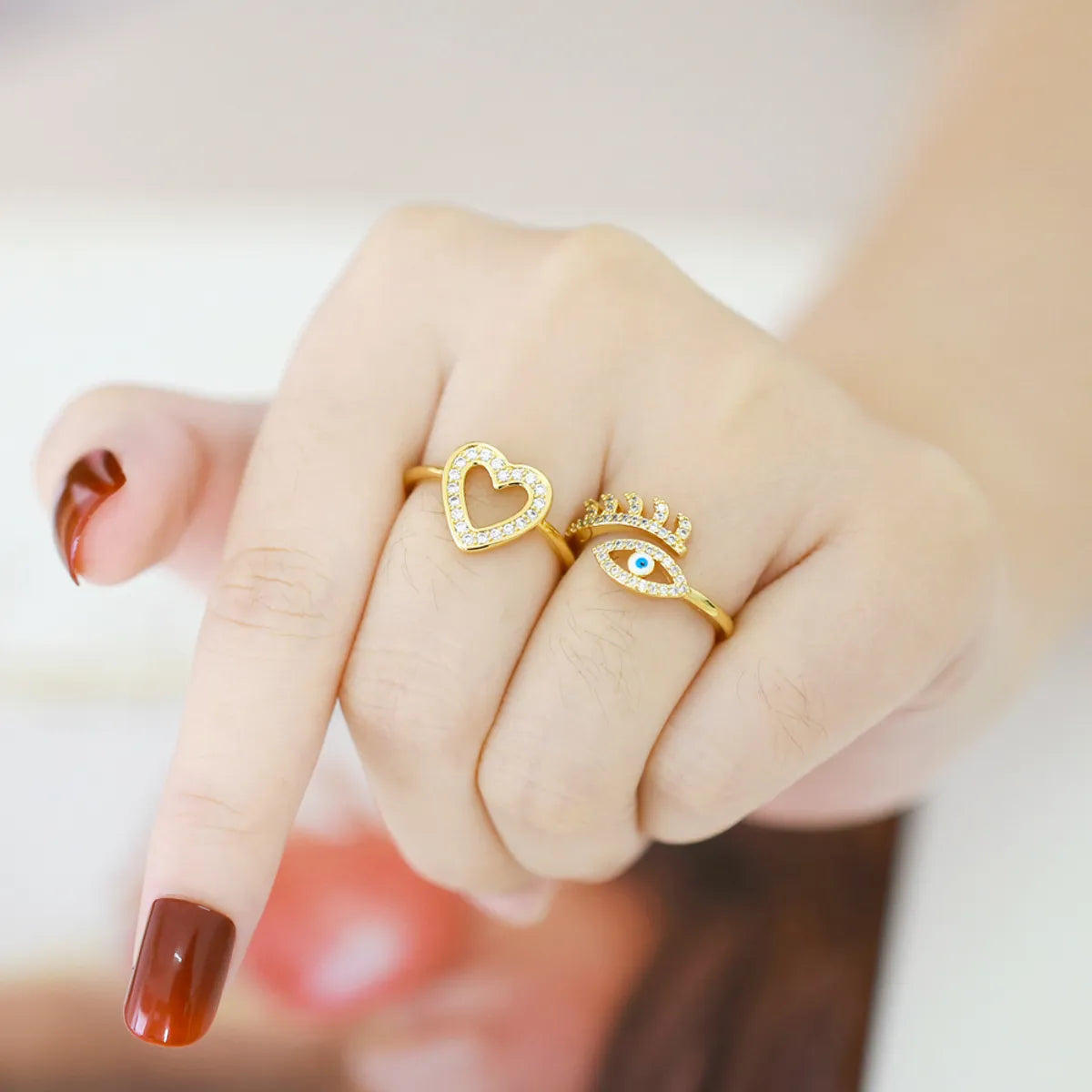 Fashion Simple Style Devil's Eye Heart Shape Copper Plating Inlay Zircon 18k Gold Plated Open Rings