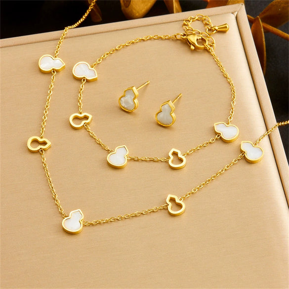Fashion Simple Temperament Hollow Gourd Stainless Steel Gold Plated Women's Accessories Bracelet Earring Necklace