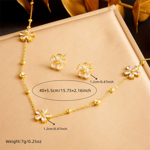 Fashion Simple Temperament Stainless Steel Jewelry Three Piece Set With Inlaid Transparent Diamond Flower Accessories And Electroplating Treatment