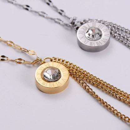 Fashion Simple Titanium Steel Diamond Roman Numerals Necklace Earrings Set