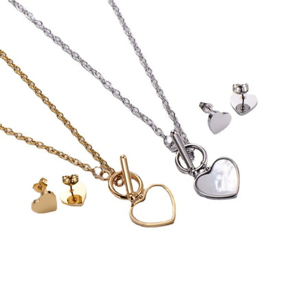 Fashion Simple To Buckle Heart-shaped Pendant Necklace Earrings Set