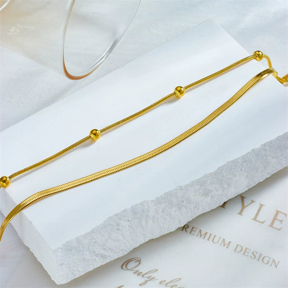 Fashion Simple Versatile Stacked Doublelayer Chain Round Beaded Titanium Steel Goldplated Geometric Anklet For Women