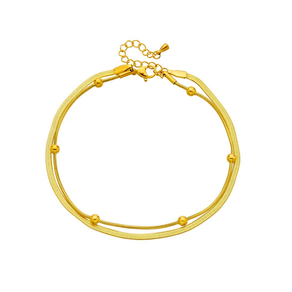 Fashion Simple Versatile Stacked Doublelayer Chain Round Beaded Titanium Steel Goldplated Geometric Anklet For Women