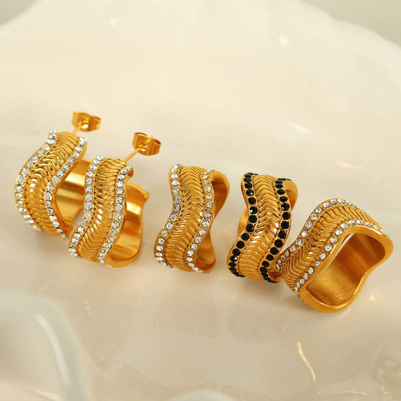 Fashion Snake Scale Texture Inlaid Czech Diamond 316L Stainless Steel Earrings And Ring