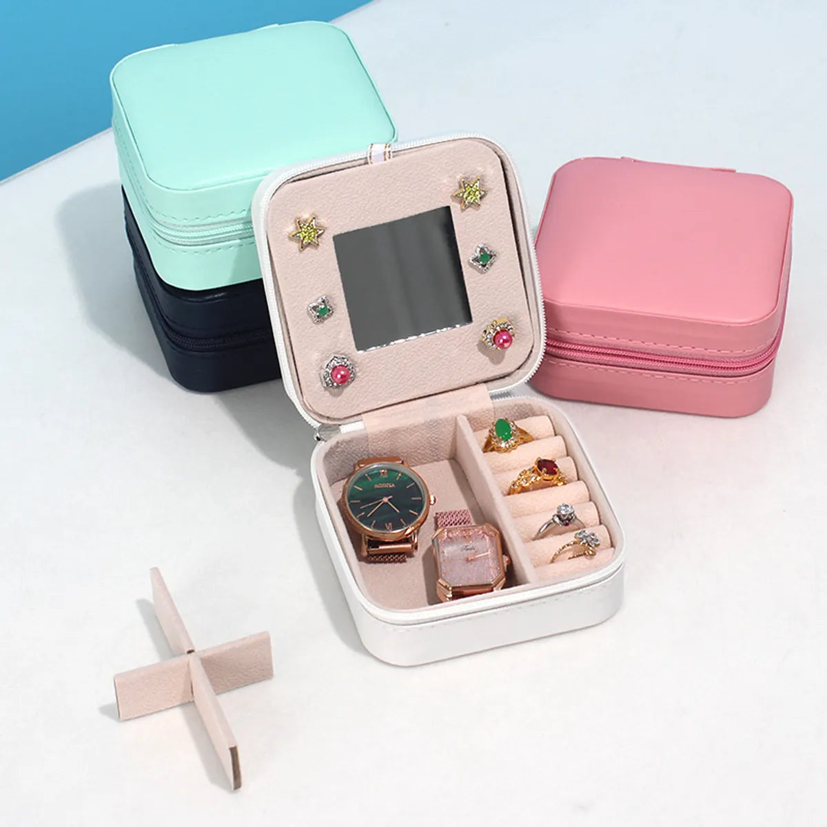 Fashion Solid Color Portable Jewelry Storage Boxes With Mirrors