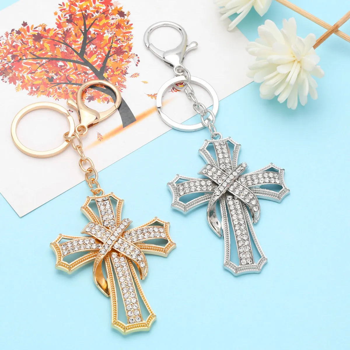 Fashion Solid Color Pendant Cross Inlaid Rhinestone Alloy Key Chain