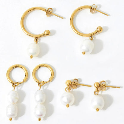 1 Pair Fashion Solid Color Stainless Steel Freshwater Pearl 14k Gold Plated Drop Earrings