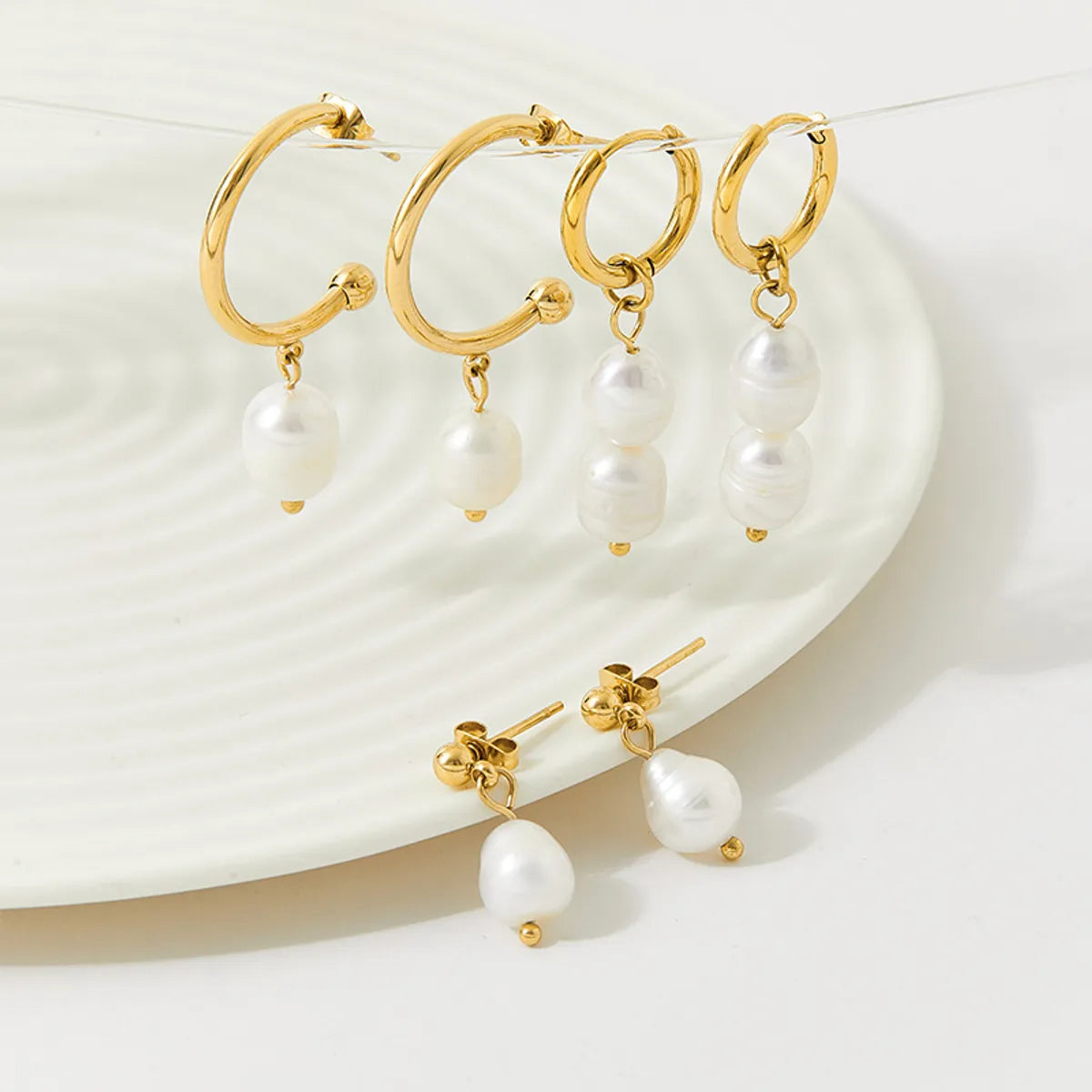 1 Pair Fashion Solid Color Stainless Steel Freshwater Pearl 14k Gold Plated Drop Earrings