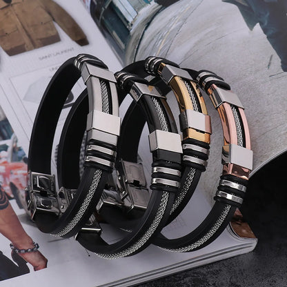 Fashion Solid Color Stainless Steel Silica Gel Plating Men'S Bangle