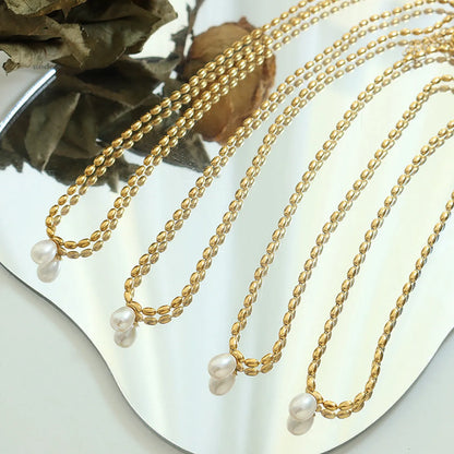 Fashion Solid Color Titanium Steel Necklace Inlay Artificial Pearls Stainless Steel Necklaces