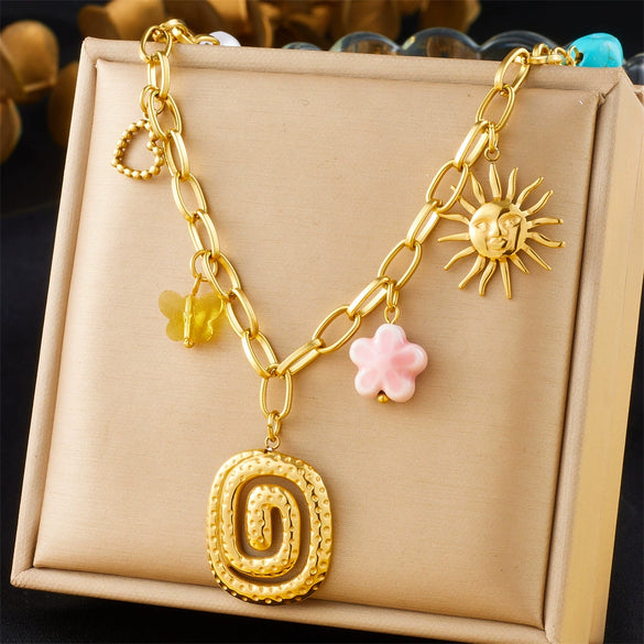 Fashion Spiral Oval Heart Shaped Pendant Sweater Chain With Crystal Butterfly Flower Stainless Steel Electroplating For Women