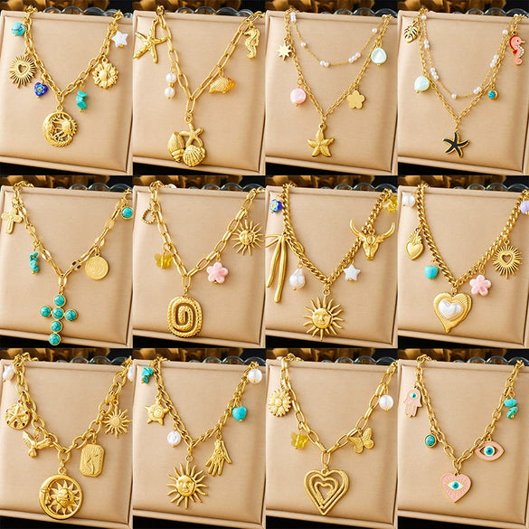 Fashion Spiral Oval Heart Shaped Pendant Sweater Chain With Crystal Butterfly Flower Stainless Steel Electroplating For Women