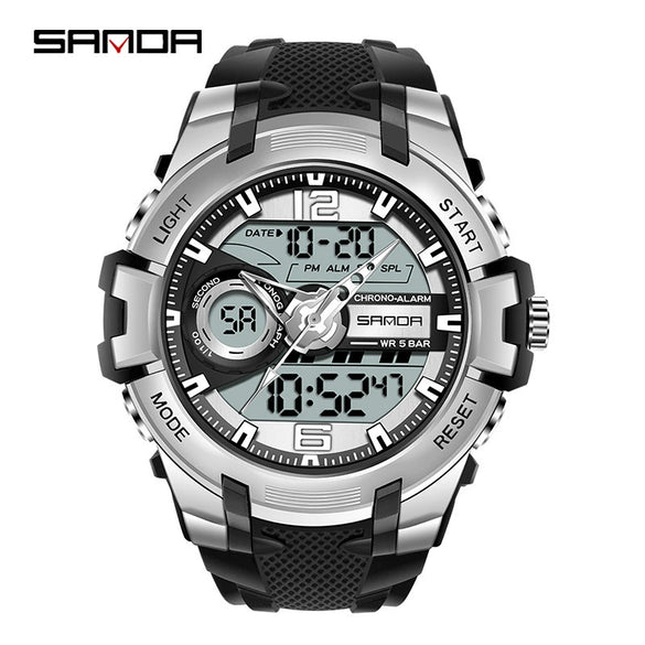 Fashion Sports Luminous Chronograph Electronic Watch Resin Strap Stainless Steel Clasp Plastic Mirror Round Dial