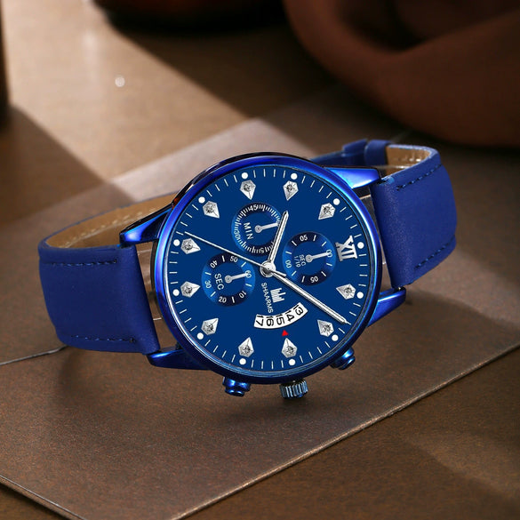 Fashion Sports Personality Explosions Men's Quartz Watch And Beaded Bracelet 2Piece Set Alloy Case Imitation Leather Strap Stainless Steel Clasp Round Dial