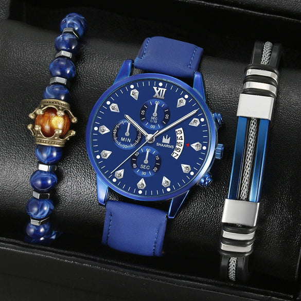 Fashion Sports Personality Explosions Men's Quartz Watch And Beaded Bracelet 2Piece Set Alloy Case Imitation Leather Strap Stainless Steel Clasp Round Dial