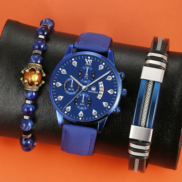 Fashion Sports Personality Explosions Men's Quartz Watch And Beaded Bracelet 2Piece Set Alloy Case Imitation Leather Strap Stainless Steel Clasp Round Dial