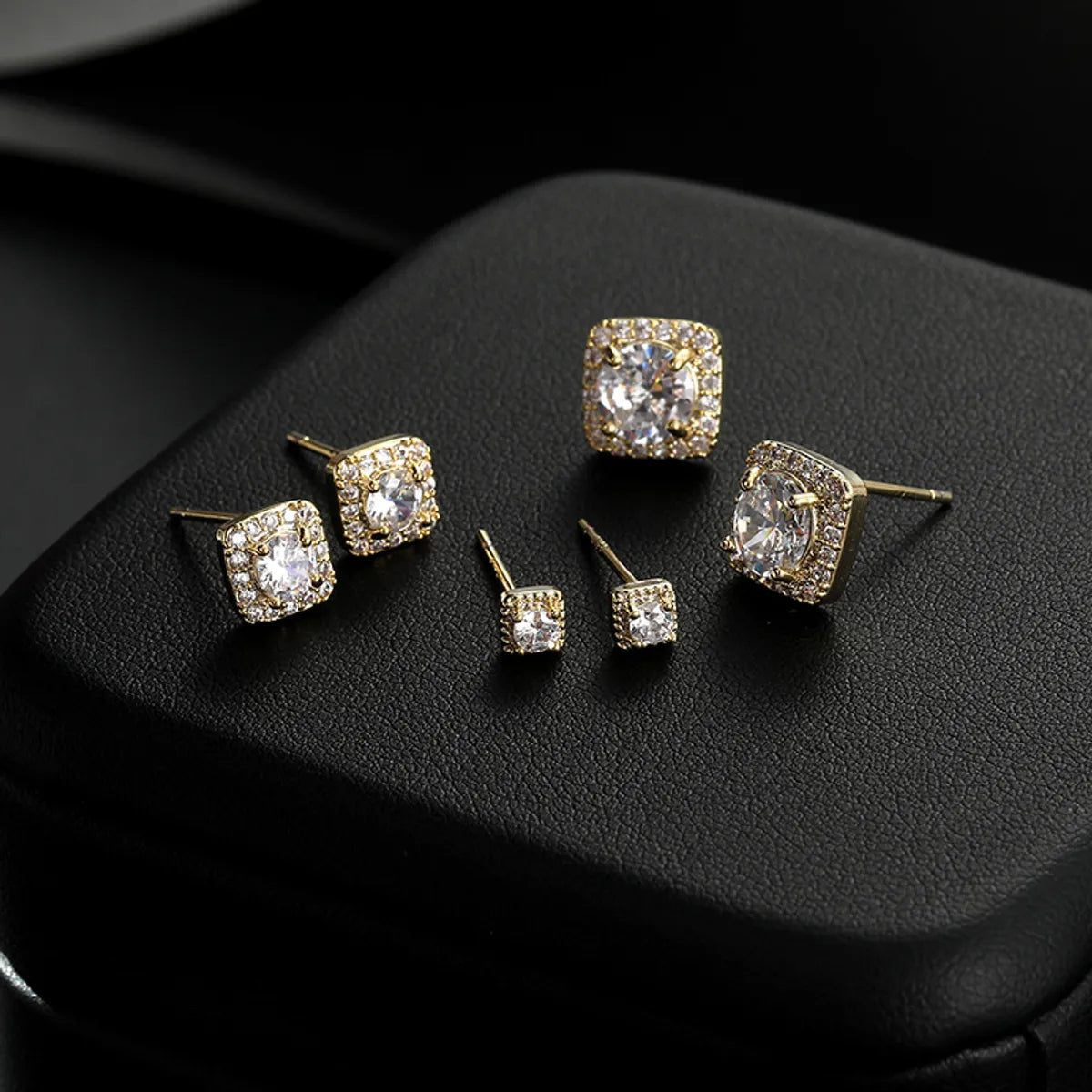 Fashion Square Copper Ear Studs Inlay Zircon Copper Earrings 3 Pairs