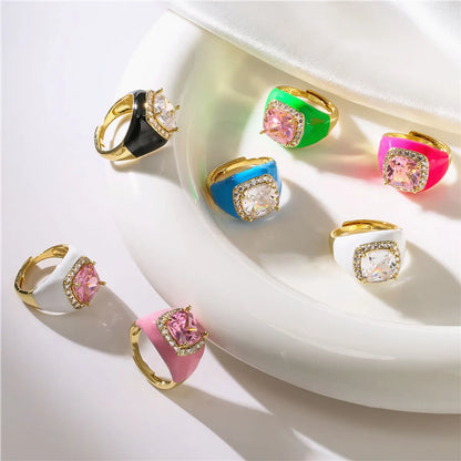 Fashion Square Copper Enamel Plating Inlay Zircon Open Ring 1 Piece