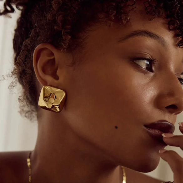 Fashion Square Design Stainless Steel Earrings With Geometric Pattern And Electroplating Treatment
