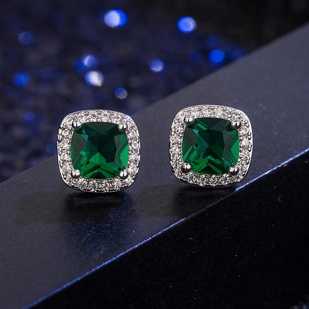 Fashion Square Diamond-set Zircon Emerald Copper Earrings