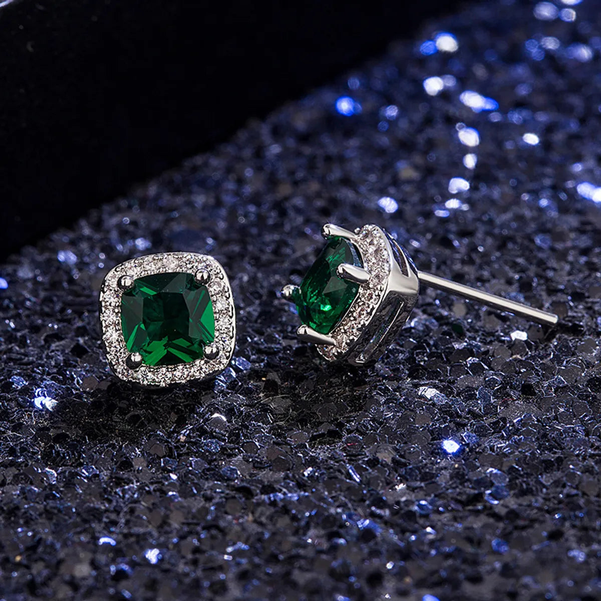 Fashion Square Diamond-set Zircon Emerald Copper Earrings