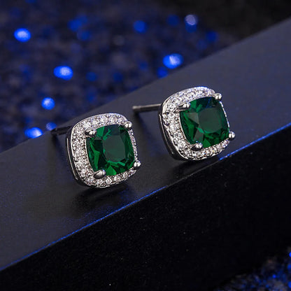 Fashion Square Diamond-set Zircon Emerald Copper Earrings