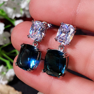 Fashion Square Diamond Zircon Earrings Peacock Blue Crystal Copper Earrings