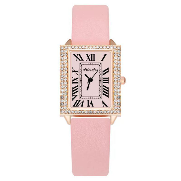 Fashion Square Diamondencrusted Women's Watch With Alloy Case Imitation Leather Strap And Metal Buckle