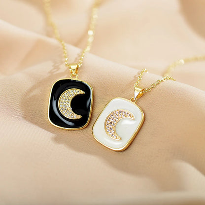 Fashion Square Moon Copper Enamel Zircon Pendant Necklace