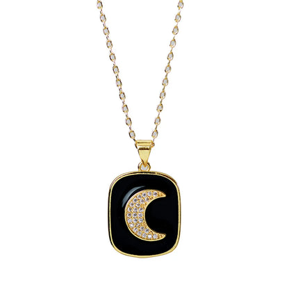 Fashion Square Moon Copper Enamel Zircon Pendant Necklace