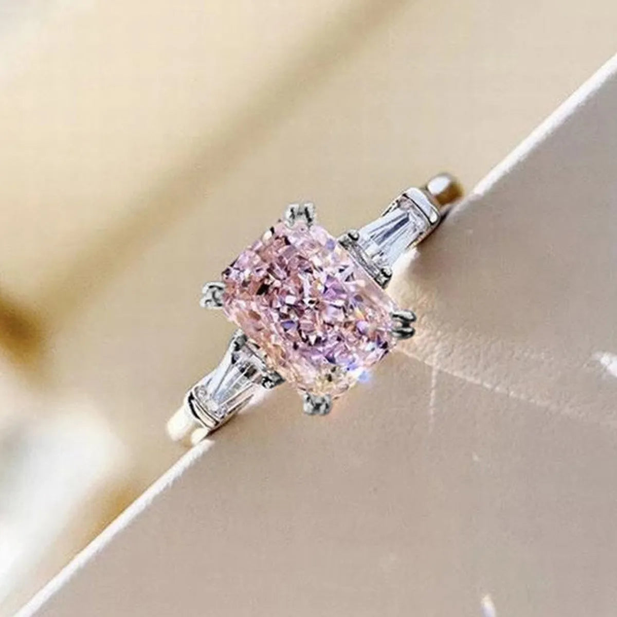 Fashion Square Pink Zircon Copper Ring Romantic Bride Wedding Ring