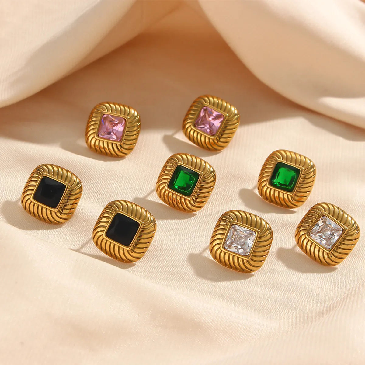 Fashion Square Plating Inlay Stainless Steel Zircon Gold Plated Ear Studs