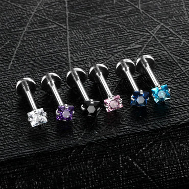 Fashion Square Stainless Steel Inlay Zircon Lip Stud 1 Piece