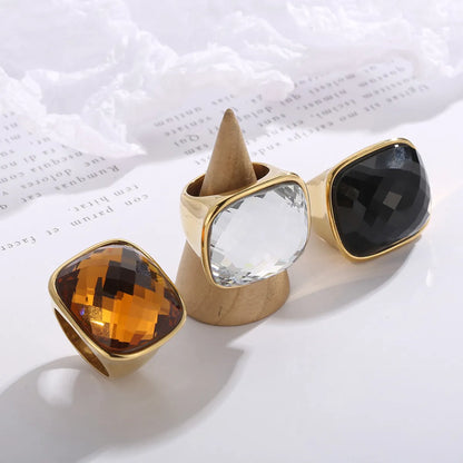 Fashion Square Stainless Steel Polishing Inlay Crystal Glass Rings 1 Piece