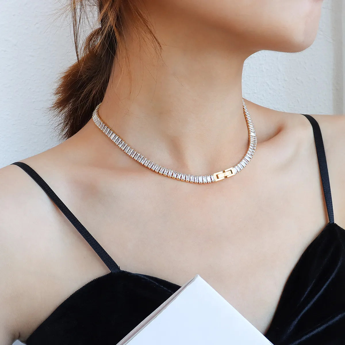 Fashion Square Titanium Steel Plating Inlay Zircon Choker